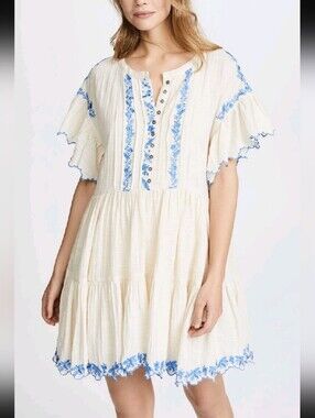 Free People Cream Tunic Dress with Blue Floral Embroidery
